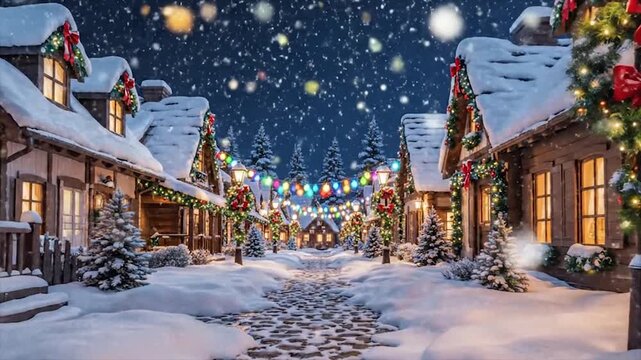 An enchanting winter scene of a Christmas village featuring a large, brightly lit Christmas tree in the center of a snow-blanketed town square at night.