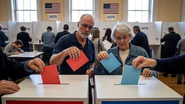 Divided voters election day vote and voting rights concept casting red and blue ballots at a polling