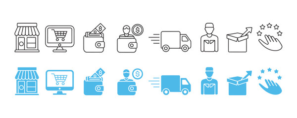 E-commerce and delivery icons for online shopping and logistics