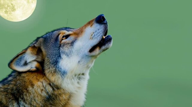 A wolf howls at the moon, against a green background