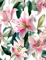 Elegant, chic, vintage seamless repeatable pattern featuring blooming elegant pink lilies with green leaves on a white background, soft pastel tones
