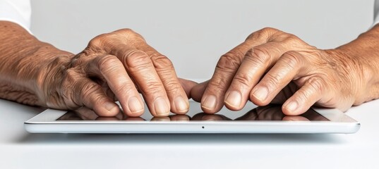 Close up of hands interacting with a tablet in a bright, modern tech lifestyle setting