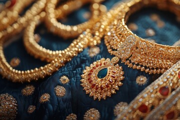Elegant gold jewellery ornaments displayed on intricate fabric for captivating advertising design showcasing timeless beauty and craft