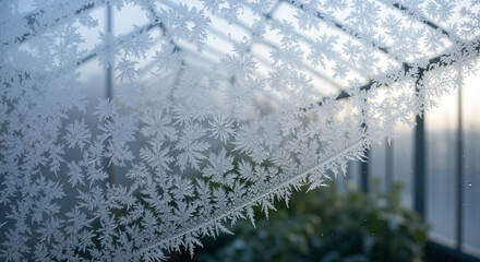 Frosted greenhouse pane with intricate ice patterns in winter  