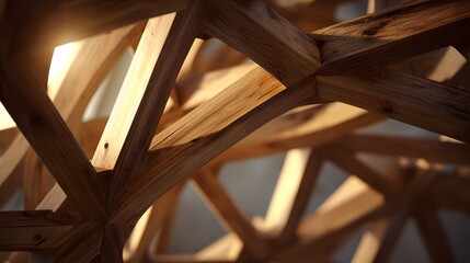 Abstract Geometric Wooden Structure with Sunlight Rays.