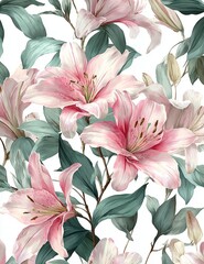 Elegant, chic, vintage seamless repeatable pattern featuring blooming elegant pink lilies with green leaves on a white background, soft pastel tones