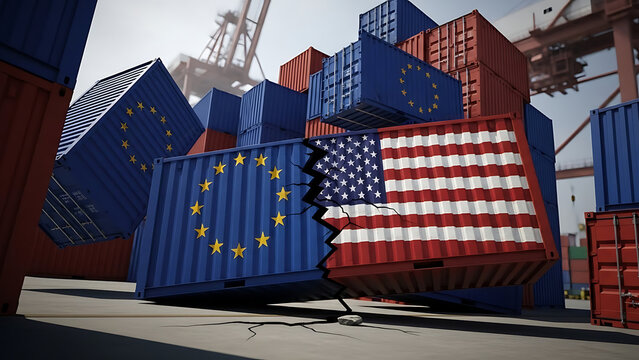 EU US Tariffs and European Union tariff trade war with the United States as a Europe USA economic di.png cinematic lighting with rich color contrast, 