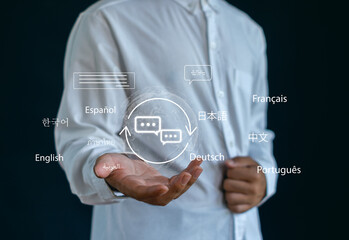 Businessman presenting virtual multilingual translation interface with global chat icons, real time language communication, AI translator, digital messaging and worldwide connection concept.