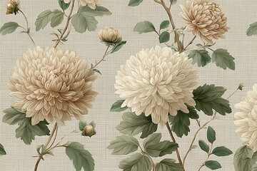Elegant, chic, vintage seamless repeatable pattern featuring sift chrysanthemums and buds with soft green leaves, hand-drawn botanical style, textured linen beige background