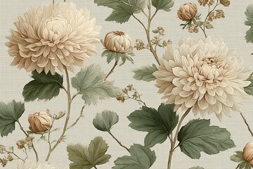 Elegant, chic, vintage seamless repeatable pattern featuring sift chrysanthemums and buds with soft green leaves, hand-drawn botanical style, textured linen beige background