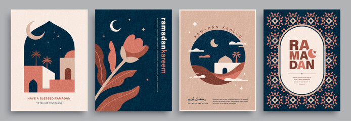 Set of Ramadan Kareem banner, poster, greeting card, cover design with mosque, crescent moon, pattern background and typography in flat geometric style.   © LittleWhale