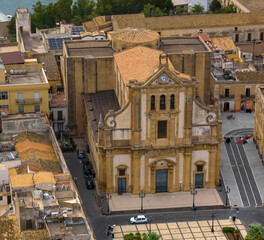 Aerial view of the Church of Santa Maria Assunta in Augusta, in province of Syracuse, Sicily, Italy. It's the main church of the town. It has a Baroque facade and is located in the historic centre.