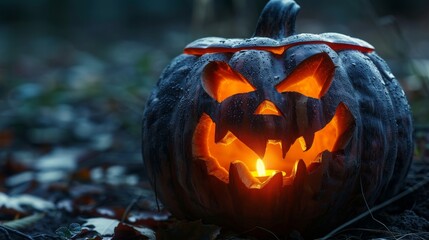 Intricately carved pumpkin illuminated by candlelight, evoking a warm halloween atmosphere