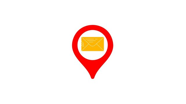 Animated red location pin icon with a yellow envelope symbol for post office maps mail delivery navigation and shipping site positioning on white.
