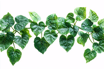 Fresh green heart shaped leaves arranged in a horizontal vine on a clean white background, creating a natural botanical border ideal for garden or eco themed designs.