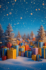 AI generator image of  Christmas is an important Christian religious festival. Many gifts are laid out on the snow, covered with sparkling golden lights that resemble stars or snowflakes illuminated 
