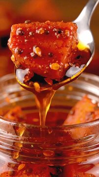 Spoonful of spicy homemade indian pickle dripping above a jar of more, perfect for food blogs and cooking magazines.