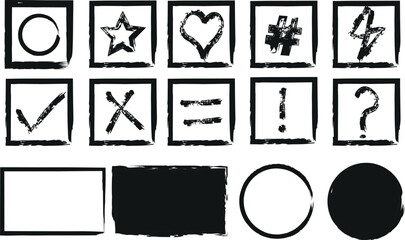 A collection of 13 black and white symbols and shapes in squares and circles