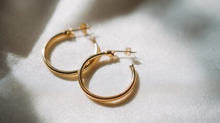 Gold hoop earrings on soft fabric