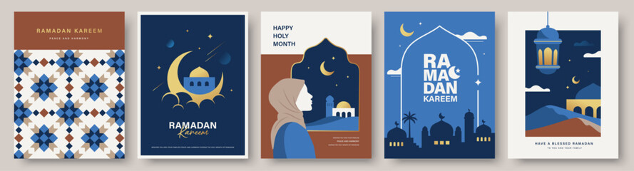 Set of Ramadan Kareem banner, poster, greeting card, cover design with mosque, crescent moon, Muslim women, pattern background and typography in flat geometric style.   © LittleWhale
