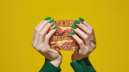 Hands with sandwich on yellow