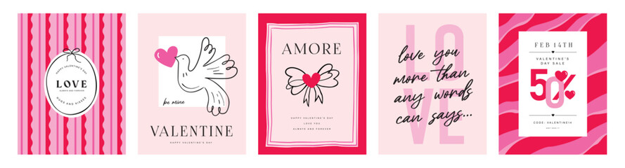 Set of Valentine's Day poster, greeting card, cover, invitation card, sale promotion template, pattern background with hand drawn ribbon, sweet hearts, bird, frames and typography design.   © LittleWhale