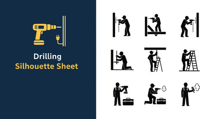 Collection of drilling and construction worker silhouettes showing installation tasks