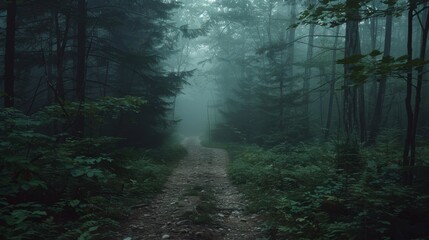 Eerie twilight forest path shrouded in fog and twisted trees evokes a chilling horror ambiance