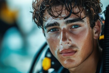 Young man preparing for scuba diving in a tropical location, showcasing excitement and anticipation before exploring underwater adventures