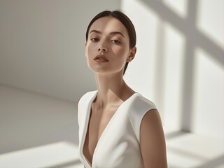 Cloud Dancer 2026 editorial: elegant woman in architectural white dress with deep neckline. Natural window light casting geometric shadows. Contemporary fashion, minimalist beauty for luxury brands