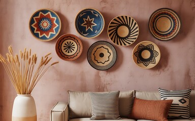 A serene living room scene featuring a bohemian-style wall display with decorative plates and a cozy couch