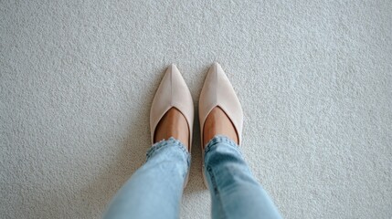Elegant shoes and jeans on carpet