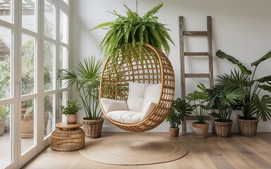 A serene interior scene featuring a hanging wicker chair surrounded by lush potted plants in a bright airy room with natural light