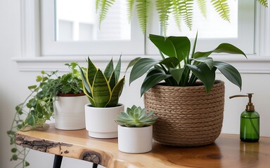 Indoor plants arranged on a wooden table near a window with natural light