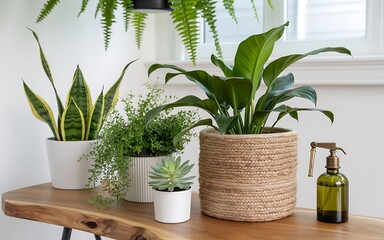 A wooden table holds various potted plants and a spray bottle in a bright minimalist interior setting
