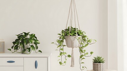 A serene minimalist interior scene featuring a hanging plant in a bright room with white furniture and decor