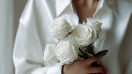 Woman holds white roses in hand