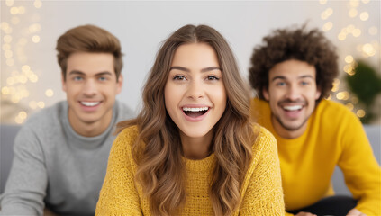 Smiling group of young adults leaning together outdoors, candid friendship portrait showing joy, community and inclusivity, lifestyle concept for social connection and teamwork with copy space.