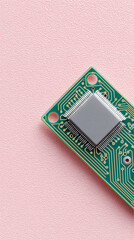 Microchip on a green circuit board laid on a pastel pink background, minimal tech flat lay for electronics, computing, innovation and STEM concept with clear copy space.