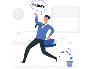 Cartoon man in blue shirt running with briefcase and excited expression on friday des
