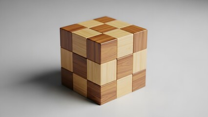 Obraz premium A 3D rendered wooden cube with a checkerboard pattern of brown and beige squares on a gray background Whisk