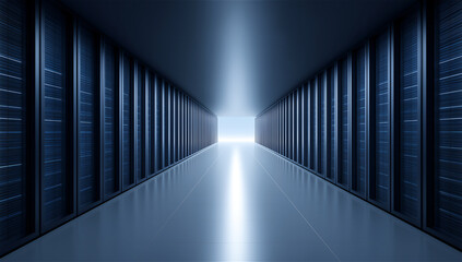 Long corridor in a data center with rows of server racks and cool blue light, perspective view symbolizing cloud computing, storage, security and enterprise infrastructure with copy space.