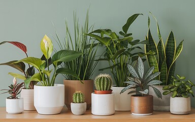 Variety of potted plants arranged on a wooden table against a plain green background