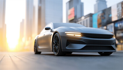 Sleek electric sports car driving through a modern city street at sunrise, futuristic mobility concept for autonomous driving, clean energy, speed and premium transport with copy space.