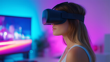 Woman wearing virtual reality headset in colorful neon room, exploring metaverse gaming and immersive technology, concept of innovation, entertainment, and future trends.