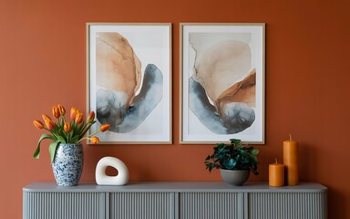 A modern interior design scene featuring a stylish cabinet, decorative vases, and abstract artwork in a warm orange-toned room