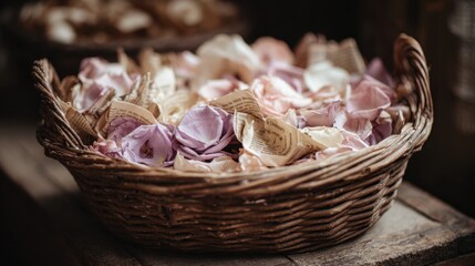 Flowers in a woven basket on a table