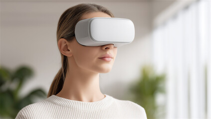 Woman wearing VR headset in bright minimal home interior, experiencing immersive virtual reality, remote collaboration, learning, and next-generation digital lifestyle.
