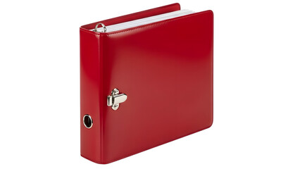 Red leather binder with silver hardware and white paper isolated on a transparent background
