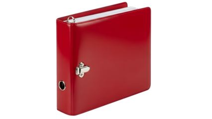 Red leather binder with silver hardware and white paper isolated on a transparent background